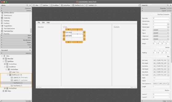 Screenshot showing the creation of a user interface in Scene Builder.